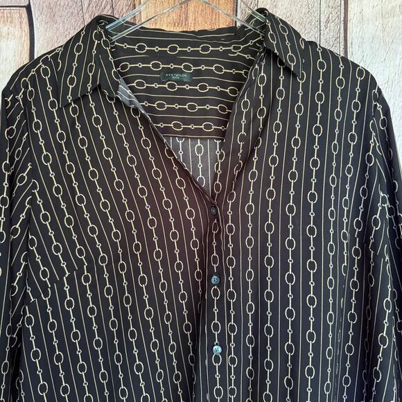 Ann Taylor Blouse Petite Chain Print Button-Down Black Long Sleeve Top Office - Picture 3 of 9